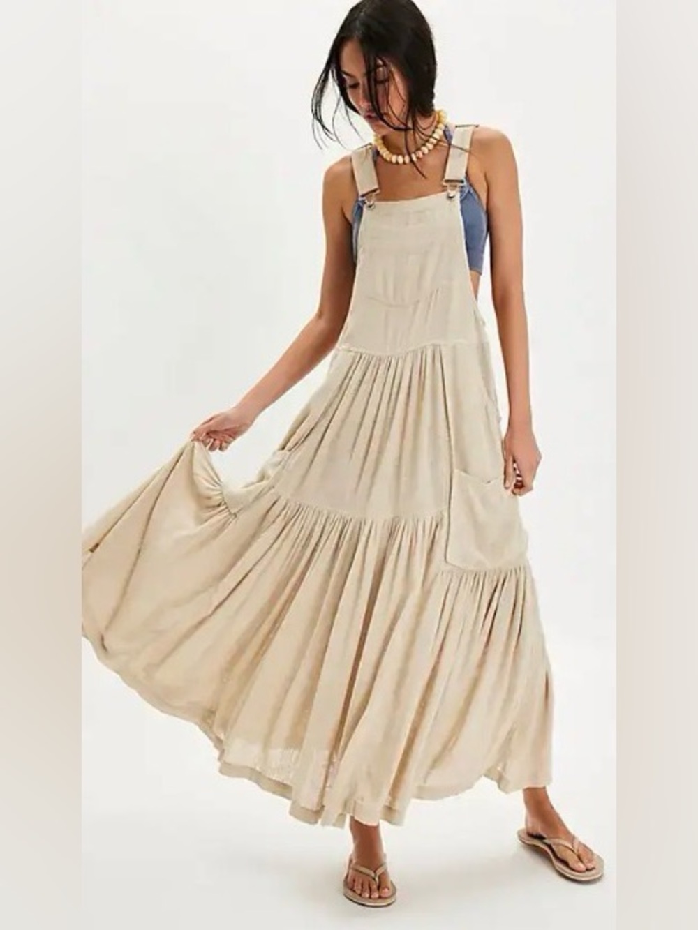 Free People Moonbeam Solid Skirtail Bib Coverall Tiered Multi-Pocket Maxi Dress